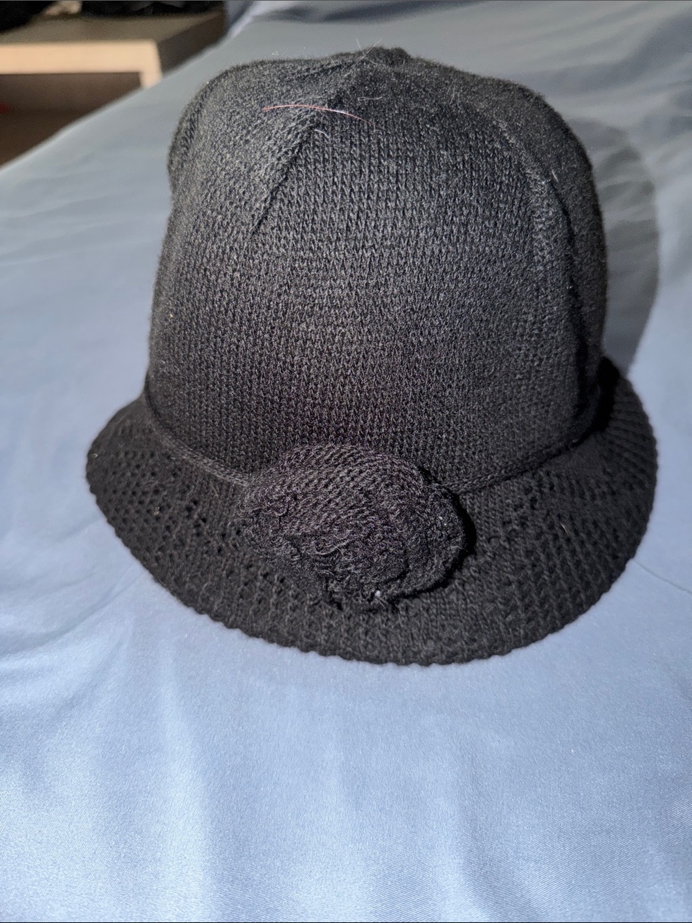 Vintage Lord & Taylor Black Knit Bucket Hat with Flower Accent
